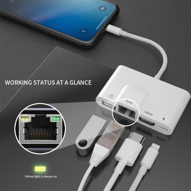 NÖRDIC Lightning Adapter 1 til 4 Porter 1XHDMI 1X RJ4510 / 100 Mbps 1xUSB A 3.1 og 1 x Lightning Lading Port