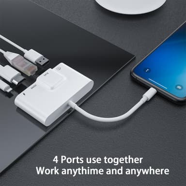 NÖRDIC Lightning Adapter 1 til 4 Porter 1XHDMI 1X RJ4510 / 100 Mbps 1xUSB A 3.1 og 1 x Lightning Lading Port