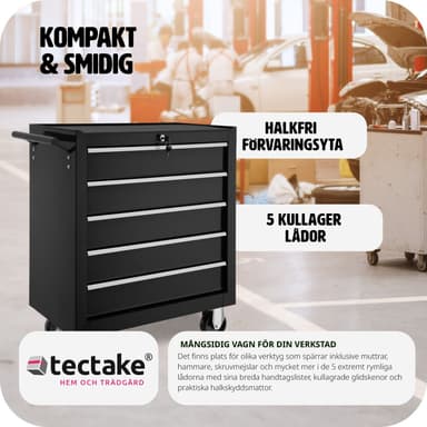 Verktøyvogn med 5 skuffer - svart