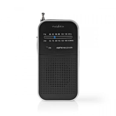 Nedis FM-radio | Bærbar design | AM / FM | Batteri drevet | Analog | 1.5 W | Svart hvit skerm | Hodetelefonutgang | IP20 | Aluminium / Sort