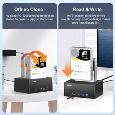 Maiwo HDD Dobbel dockingstasjon med klone 10 Gbps HDMI 4K60Hz Giga Lan kortleser SD og MicroSD USB HUB 2xUSB-A og 2xUSB-C