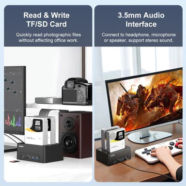 Maiwo HDD Dobbel dockingstasjon med klone 10 Gbps HDMI 4K60Hz Giga Lan kortleser SD og MicroSD USB HUB 2xUSB-A og 2xUSB-C