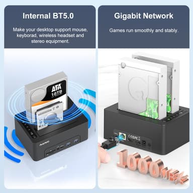 Maiwo HDD Dobbel dockingstasjon med klone 10 Gbps HDMI 4K60Hz Giga Lan kortleser SD og MicroSD USB HUB 2xUSB-A og 2xUSB-C