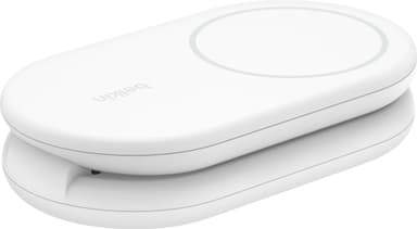 Belkin BoostCharge Qi2 magnetisk sammenleggbart ladestativ (hvit)
