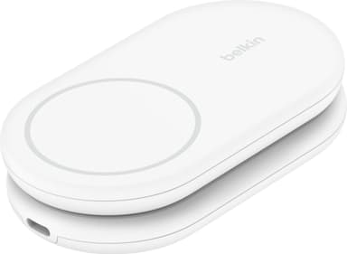 Belkin BoostCharge Qi2 magnetisk sammenleggbart ladestativ (hvit)