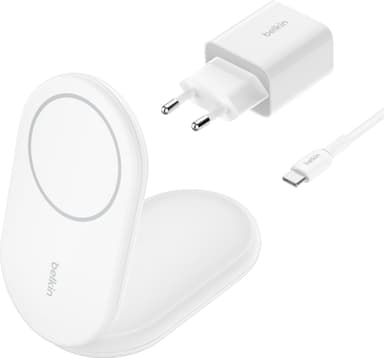Belkin BoostCharge Qi2 magnetisk sammenleggbart ladestativ (hvit)