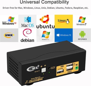 NÖRDIC KVM Switch 2 til 2 USB-C til HDMI 4K 60Hz, 3x USB-A, 2x 3,5 mm AUX
