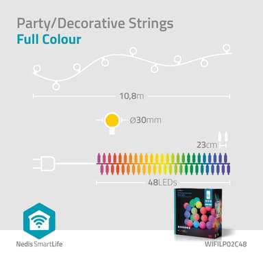 Nedis SmartLife Dekorative Lys | Party Lights | Wi-Fi | RGB | 48 LED's | 10.8 m | Android™ / IOS | Pære diameter: 30 mm