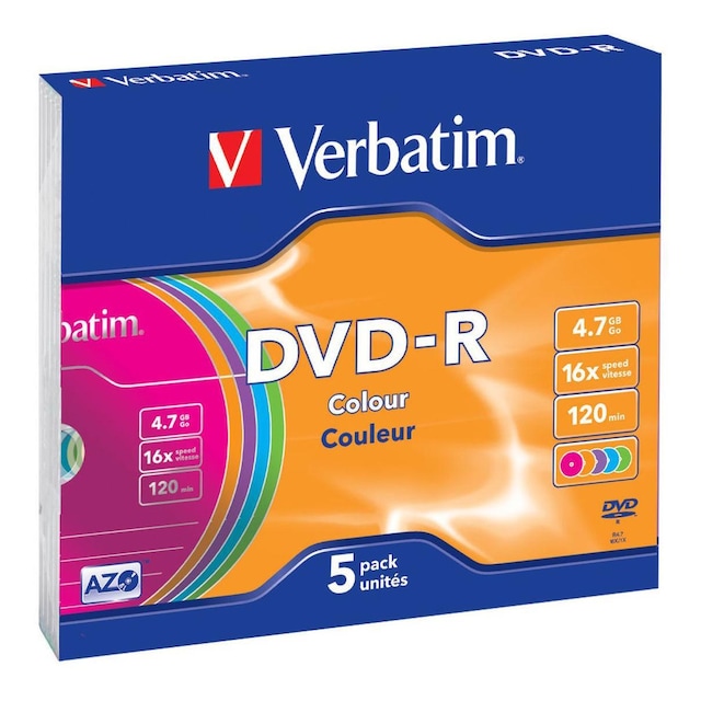 verbatim DVD-R, 16x, 4.7 GB/120 min, 5-pack slim case, AZO, colored