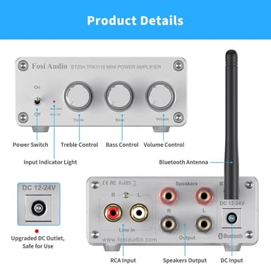 Fosi Audio Bluetooth 5.0 & R/L forsterker 100W x 2 med volum-, bass- og diskantkontroll, hvit