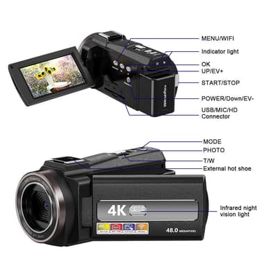 Videokamera 4K UHD / 48MP / 16x zoom vidvinkel / 32GB kort / mikrofon