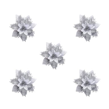 Kunstige juleblomster sølv 5-pack julepynt