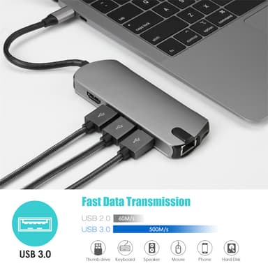 8-i-1 USB-C Hub med USB 3.0, HDMI, RJ45, SD/TF-kortspor, 100W PD-lading