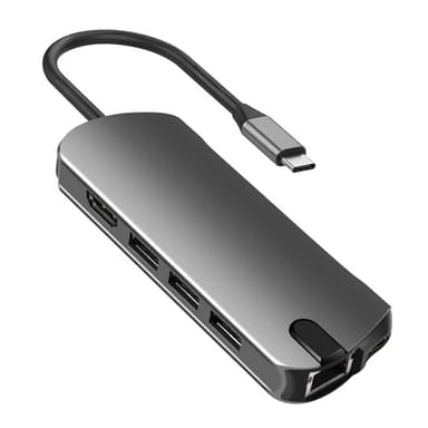 8-i-1 USB-C Hub med USB 3.0, HDMI, RJ45, SD/TF-kortspor, 100W PD-lading