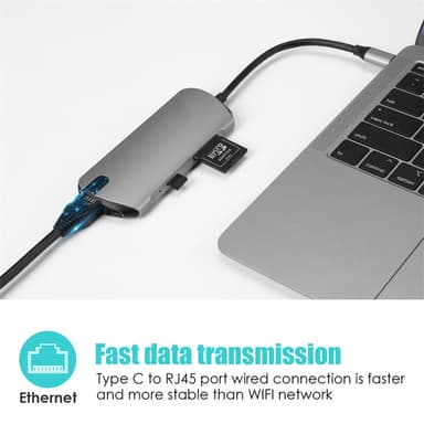 8-i-1 USB-C Hub med USB 3.0, HDMI, RJ45, SD/TF-kortspor, 100W PD-lading