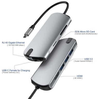 8-i-1 USB-C Hub med USB 3.0, HDMI, RJ45, SD/TF-kortspor, 100W PD-lading