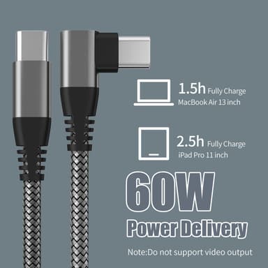 USB C-lader med vinklet kontakt 60W PD hurtiglading Sort 1 m