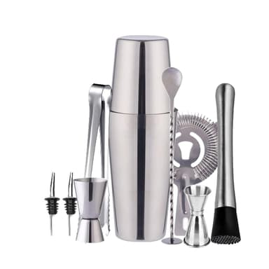 Sett for bartending med dobbel shaker 750ml i rustfritt stål, 10 redskaper