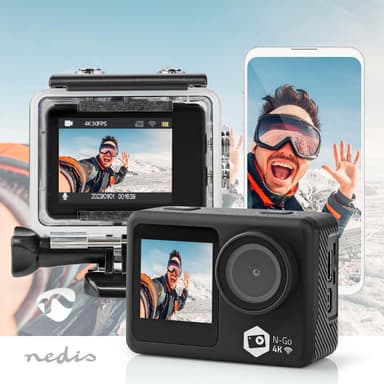 Nedis handling Cam | Dobbel Skjerm | 4K@30fps | 16 MPixel | Vanntett opptil: 30.0 m | 90 min | Wi-Fi | App tilgjengelig for: Android™ / IOS | Montering inkludert | Sort