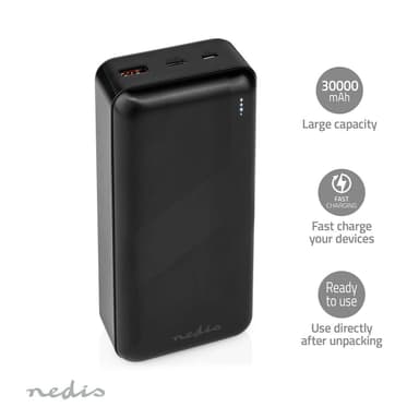 Nedis Power Bank | 32000 mAh | 2.4 / 3.0 / 3.25 A | Antall utganger: 2 | Utgangstilkobling: 1x USB-A / 1x USB-C™ | Inngangstilkobling: 1x Micro USB / 1x USB-C™ | PD3.0 45W / PD3.0 65W | Lithium-Polymer