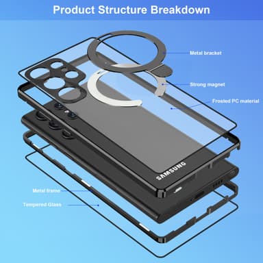 Magnetisk beskyttende telefonveske med skjermbeskytter og stativ Sort Samsung S22 Ultra