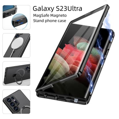 Magnetisk beskyttende telefonveske med skjermbeskytter og stativ Sort Samsung S22 Ultra