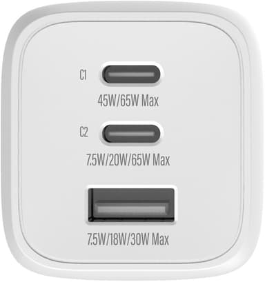 Sandstrøm 65W 3-port GaN PD vegglader (hvit)