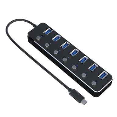 NÖRDIC 7-ports hub USB-C 3.0 5Gbps med individuell bryter 25 cm kabel svart aluminium
