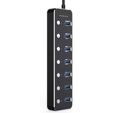 NÖRDIC 7-ports hub USB-C 3.0 5Gbps med individuell bryter 25 cm kabel svart aluminium