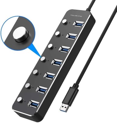 NÖRDIC 7-ports hub USB-C 3.0 5Gbps med individuell bryter 25 cm kabel svart aluminium