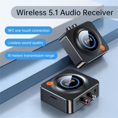 NÖRDIC Bluetooth 5.1-mottaker, med NFC, TF-kortspor, 3,5 mm AUX/RCA, trådløs adapter med lav ventetid for stereoanlegg for streaming av musikk hjemme