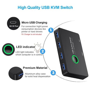 NÖRDIC USB-A Switch 2 datamaskiner til 4 USB-A 3.1 5Gbps