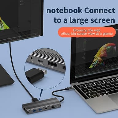 NÖRDIC 1 til 10 USB-C-dokkingstasjon 1xHDMI 8K30Hz 1xDP8K 30Hz 2xUSB3.0, 1xUSB-C, 1xRJ45 GigaLan, 1xPD 87W, 1xSD & 1xMicroSD 1xAux stereo