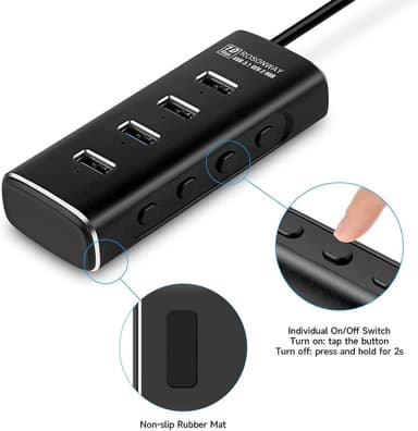 NÖRDIC Gen2 3.2 USB-A 4-ports drevet Hub 10 Gbps 1m kabel individuell bryter