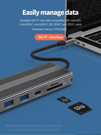 NÖRDIC 1 til 10 USB-C-dokkingstasjon 1xHDMI 8K30Hz 1xDP8K 30Hz 2xUSB3.0, 1xUSB-C, 1xRJ45 GigaLan, 1xPD 87W, 1xSD & 1xMicroSD 1xAux stereo