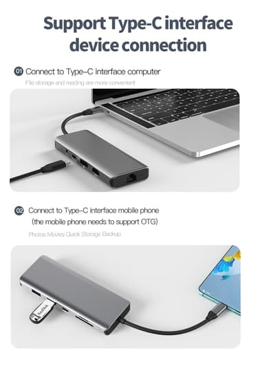 NÖRDIC 1 til 10 USB-C-dokkingstasjon 1xHDMI 8K30Hz 1xDP8K 30Hz 2xUSB3.0, 1xUSB-C, 1xRJ45 GigaLan, 1xPD 87W, 1xSD & 1xMicroSD 1xAux stereo