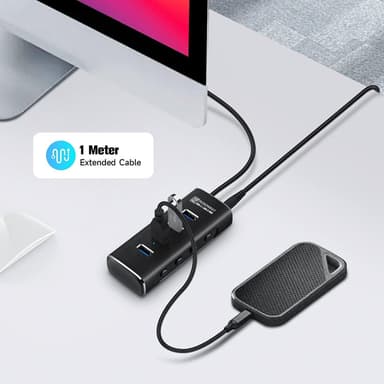 NÖRDIC Gen2 3.2 USB-A 4-ports drevet Hub 10 Gbps 1m kabel individuell bryter