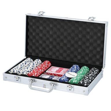 Pokersett med sjetonger, spillekort og terninger