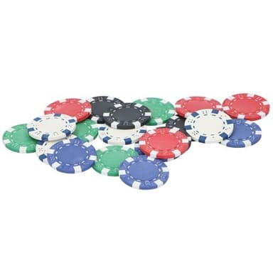 Pokersett med sjetonger, spillekort og terninger