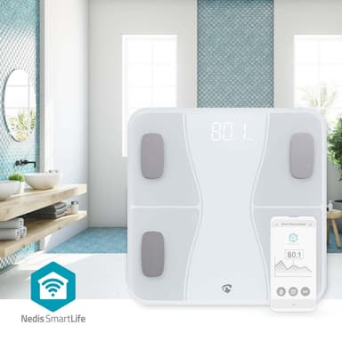 Nedis SmartLife Helse Scales | Bluetooth® | BMI / BMR / Bones / Fat / Muskler / Vann / Vekt | 12 | Maks. belastning: 180 kg | Android™ / IOS | ABS / Glass | Hvit