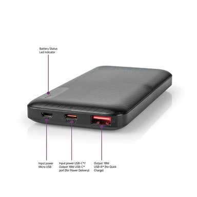 Nedis Power Bank | 10000 mAh | 1.5 / 2.0 / 3.0 A | Antall utganger: 2 | Utgangstilkobling: 1x USB-A / 1x USB-C™ | Inngangstilkobling: 1x Micro USB / 1x USB-C™ | PD2.0 18W | Lithium-Polymer