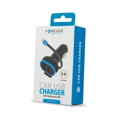 Forever Dual USB-billader CC-02 3A med iPhone 8-pinners kabel