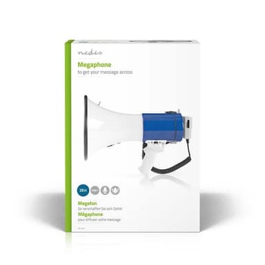 Nedis megafon | Maksimal rekkevidde: 1500 m | Maksimal volumkontroll: 135 dB | Avtagbar Mikrofon | Innebygd sirene | Skulderstropp | Blå / Hvit