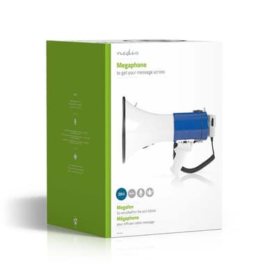 Nedis megafon | Maksimal rekkevidde: 1500 m | Maksimal volumkontroll: 135 dB | Avtagbar Mikrofon | Innebygd sirene | Skulderstropp | Blå / Hvit