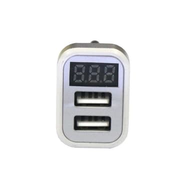 USB-billader med 2 USB-porter og display, sølv