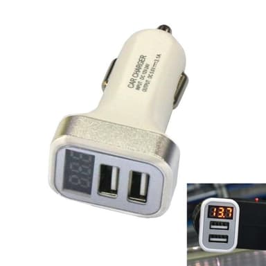 USB-billader med 2 USB-porter og display, sølv