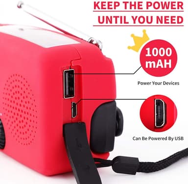 Sveivradio med LED-lampe - FM-radio, Solcelle, USB, Rød