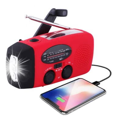 Sveivradio med LED-lampe - FM-radio, Solcelle, USB, Rød