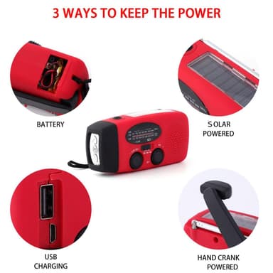 Sveivradio med LED-lampe - FM-radio, Solcelle, USB, Rød