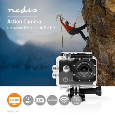 Nedis handling Cam | 1 Skjerm | 1080p@30fps | 12 MPixel | Vanntett opptil: 30.0 m | 90 min | Wi-Fi | App tilgjengelig for: Android™ / IOS | Montering inkludert | Sort